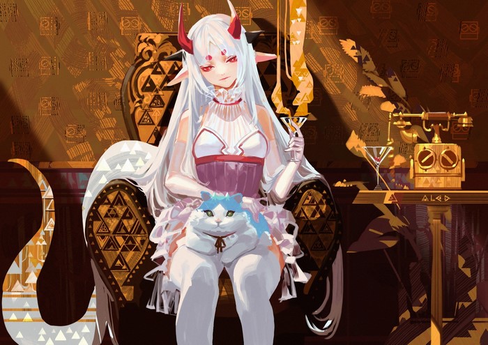 Anime girl with horns and cat on a couch