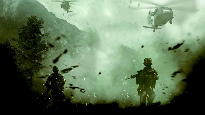 Soldiers and helicopters in a mountainous warzone