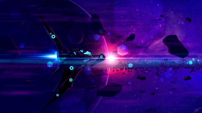 Spaceship in a vibrant nebula with planets and asteroids