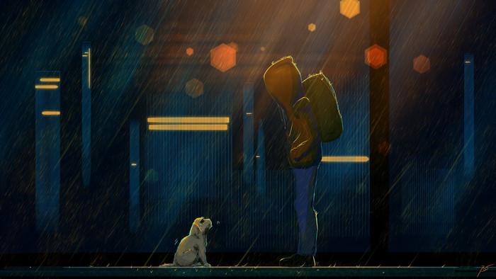 Artwork of a person and a dog in the rain