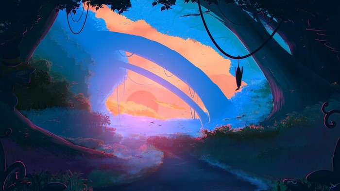 Fantasy landscape with colorful sky and trees
