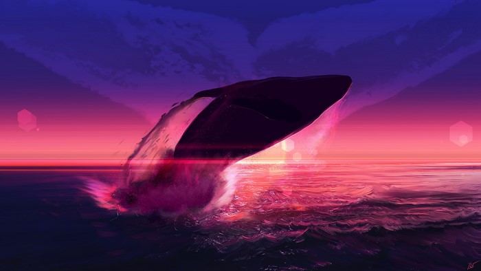 Whale breaching during a vibrant sunset over the ocean