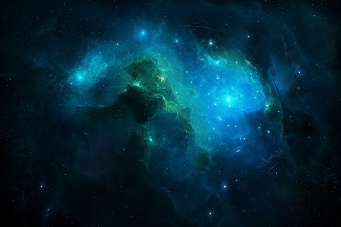 Cyan and green nebula with stars in deep space