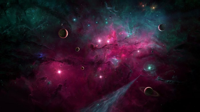 Digital art of a colorful nebula with planets