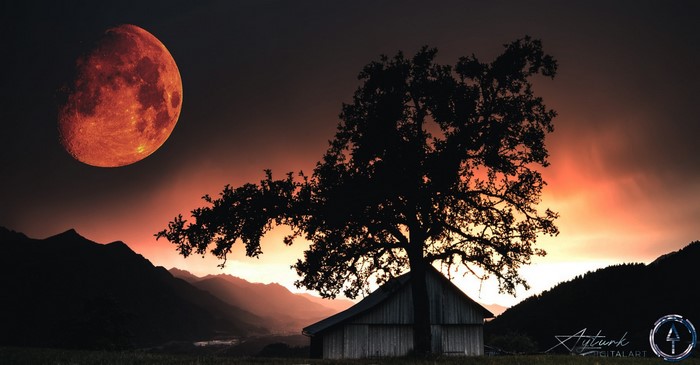 Blood Moon over Mountains with Tree and Cabin