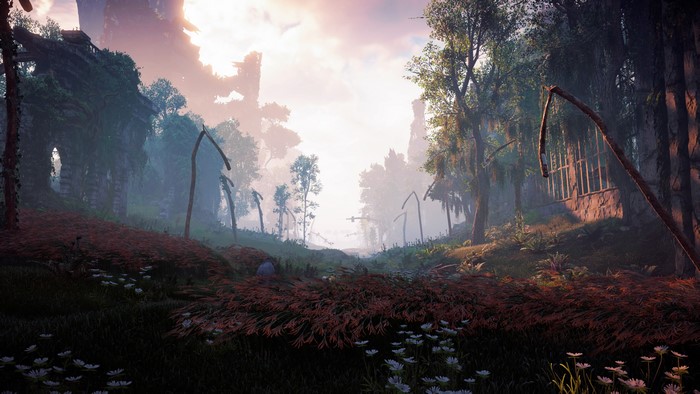 Ruins overgrown with nature in Horizon Zero Dawn