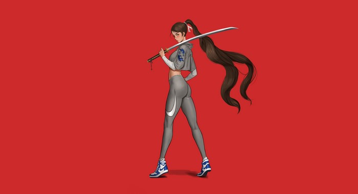 Woman with katana and Nike sportswear on red background