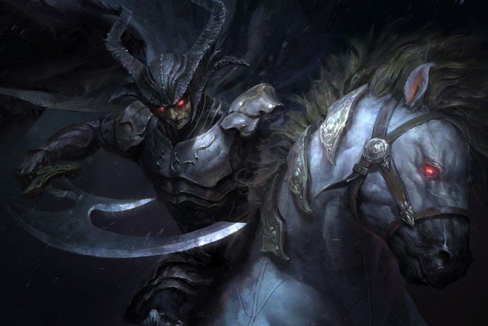 Demon warrior with horns riding a white horse