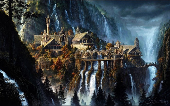Artwork of Rivendell from The Lord of the Rings with waterfalls