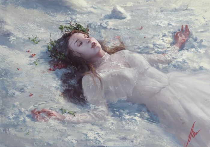 Fantasy girl with a wreath lying in snow
