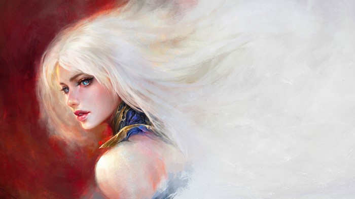 Fantasy girl with flowing white hair and blue eyes