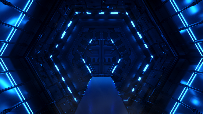 Hexagonal Sci-Fi Tunnel with Blue Neon Lights