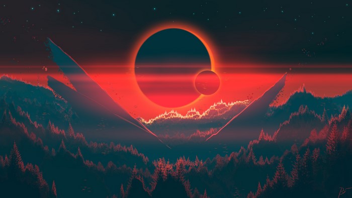 Digital painting of an eclipse over a forest landscape
