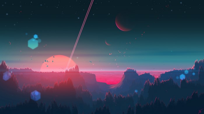 Fantasy landscape with planets and trees