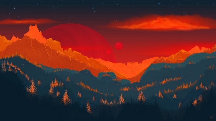 Digital painting of alien landscape with two planets