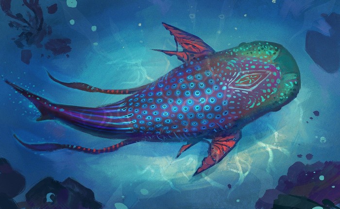 Fantasy sea creature with blue spots and red fins