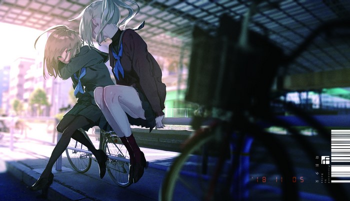 Anime girls sitting on a fence with bicycles