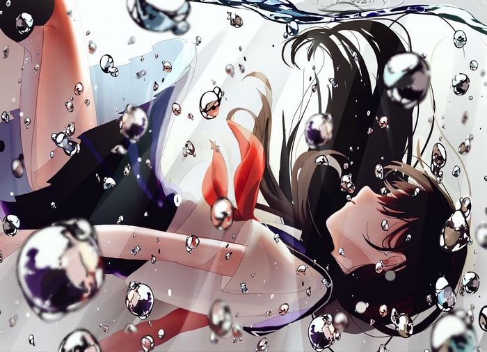 Anime girl with black hair underwater with bubbles