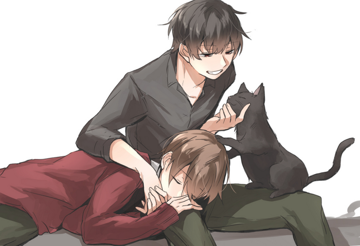 Two anime boys and a black cat