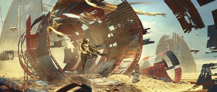 Woman in a post-apocalyptic desert with futuristic ruins