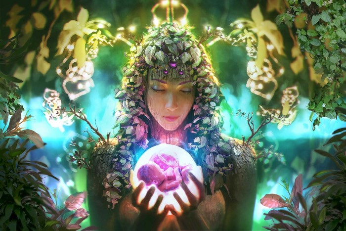 Mother Nature holding a glowing baby in a magical forest
