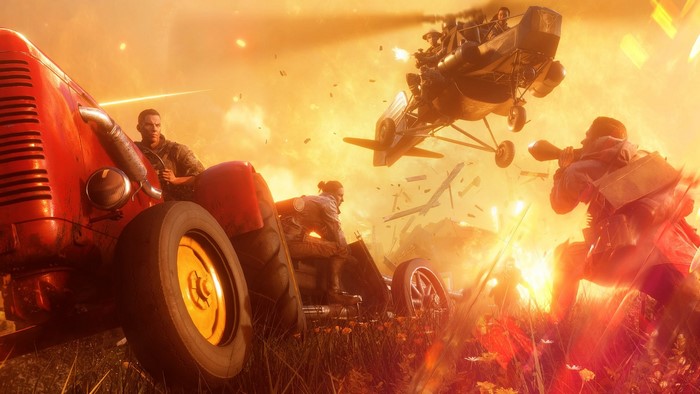 Battlefield V Firestorm: Tractor, Helicopter, and Soldiers in Combat