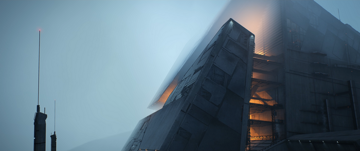 4K CGI building in mist with orange lights