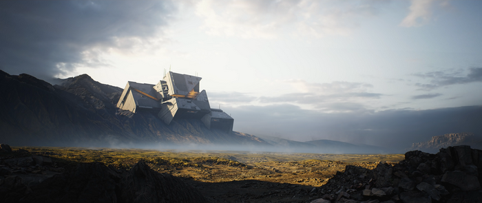 Futuristic building on a mountain landscape with mist