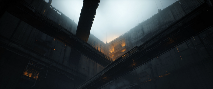 Industrial interior with bridges and mist