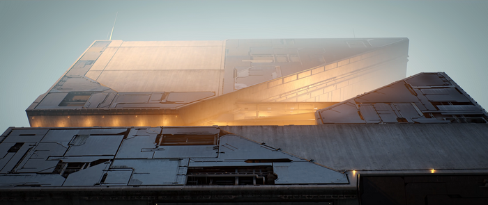 Futuristic building facade in mist at sunrise