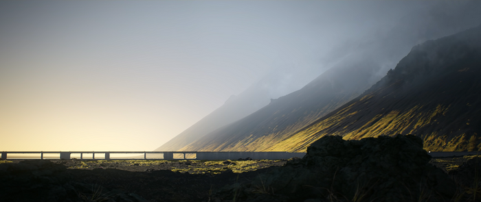4K Ultrawide Landscape of Misty Mountains and Road
