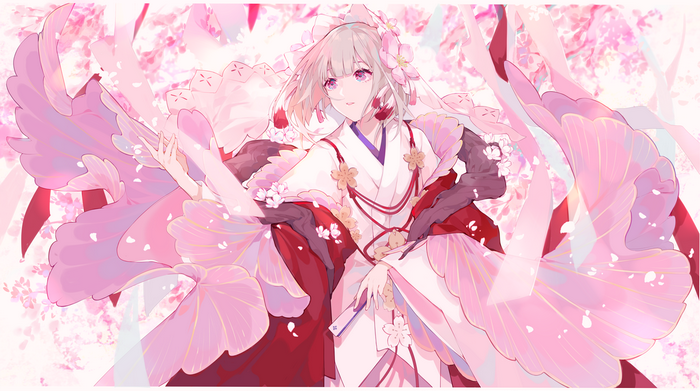 Anime girl in kimono with cherry blossoms
