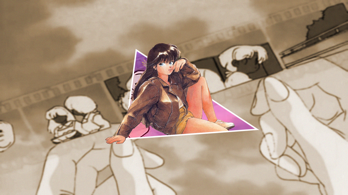 Anime girl with blue eyes and dark hair in a brown jacket