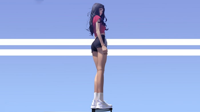 Anime girl with black hair wearing a pink top and black shorts