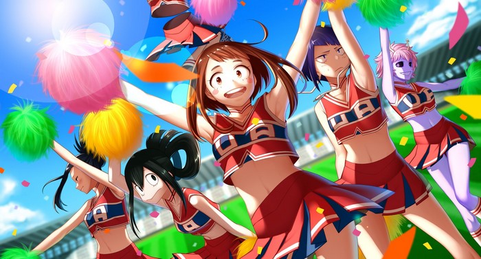 Anime girls from Boku no Hero Academia in cheerleading outfits