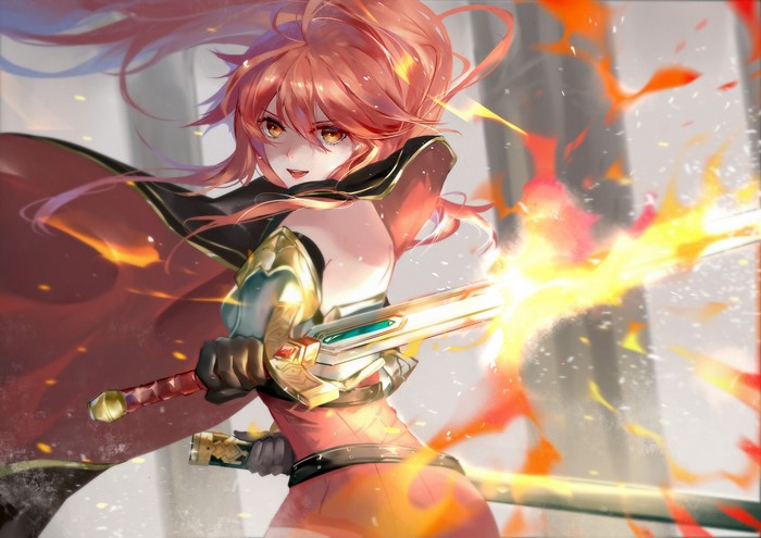 Vardan from Epic Seven with a flaming sword