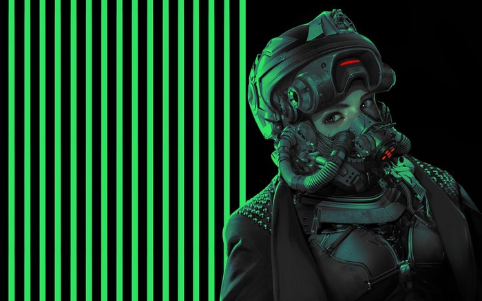Woman in futuristic mask and helmet with green stripes