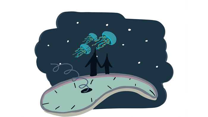 Cartoon jellyfish and figures on a clock in space
