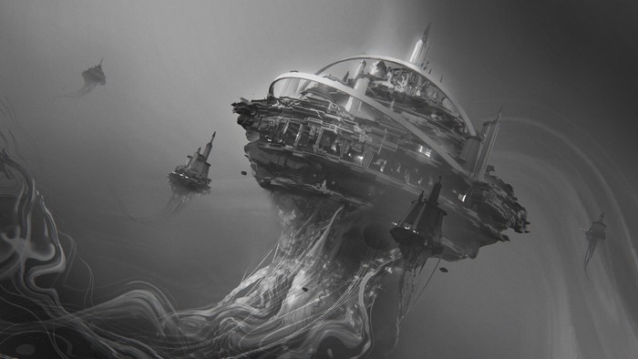 Monochrome futuristic floating city with ships