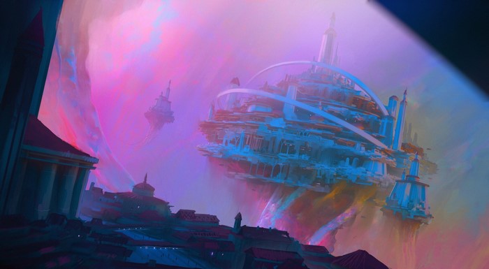 Fantasy art of a floating city in pink and purple clouds