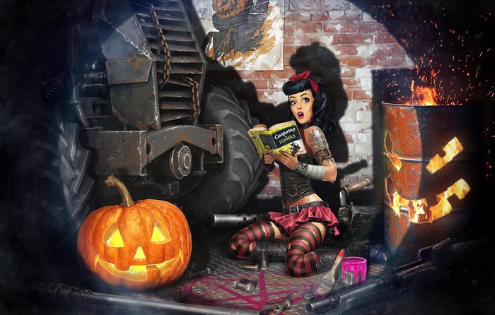 Pin-up girl reading a book next to a pumpkin