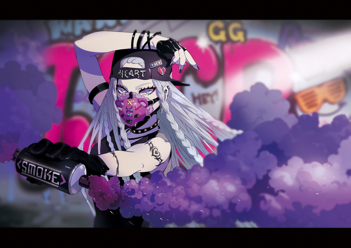 Anime girl with gas mask and smoke bomb
