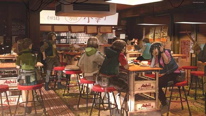 Anime restaurant interior with patrons and cats