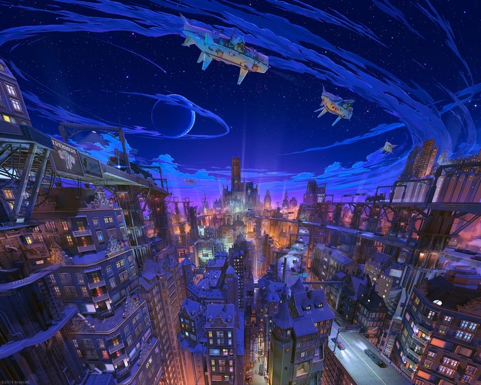 Fantasy city with airships at night
