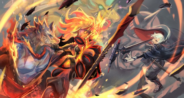Pixiv Fantasia: Fire Wolf, Fiery Warrior, and White-Haired Fighter