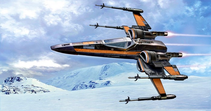 Artwork of an orange X-wing fighter in flight over a snowy landscape