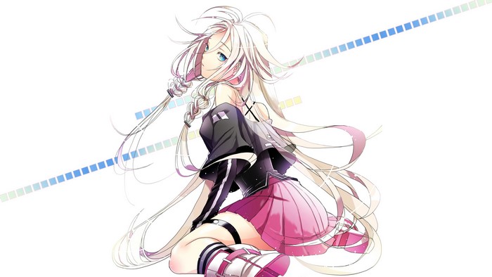 IA from Vocaloid sitting with long blonde hair and blue eyes