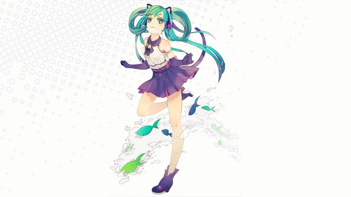Hatsune Miku from Vocaloid with cat ears and fish