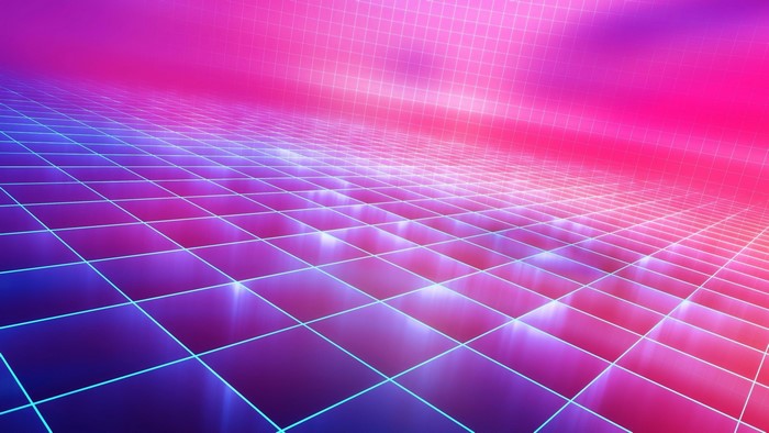 Neon grid in pink and blue synthwave digital art