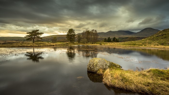 4K Landscape with Water, Trees, Sky, and Clouds